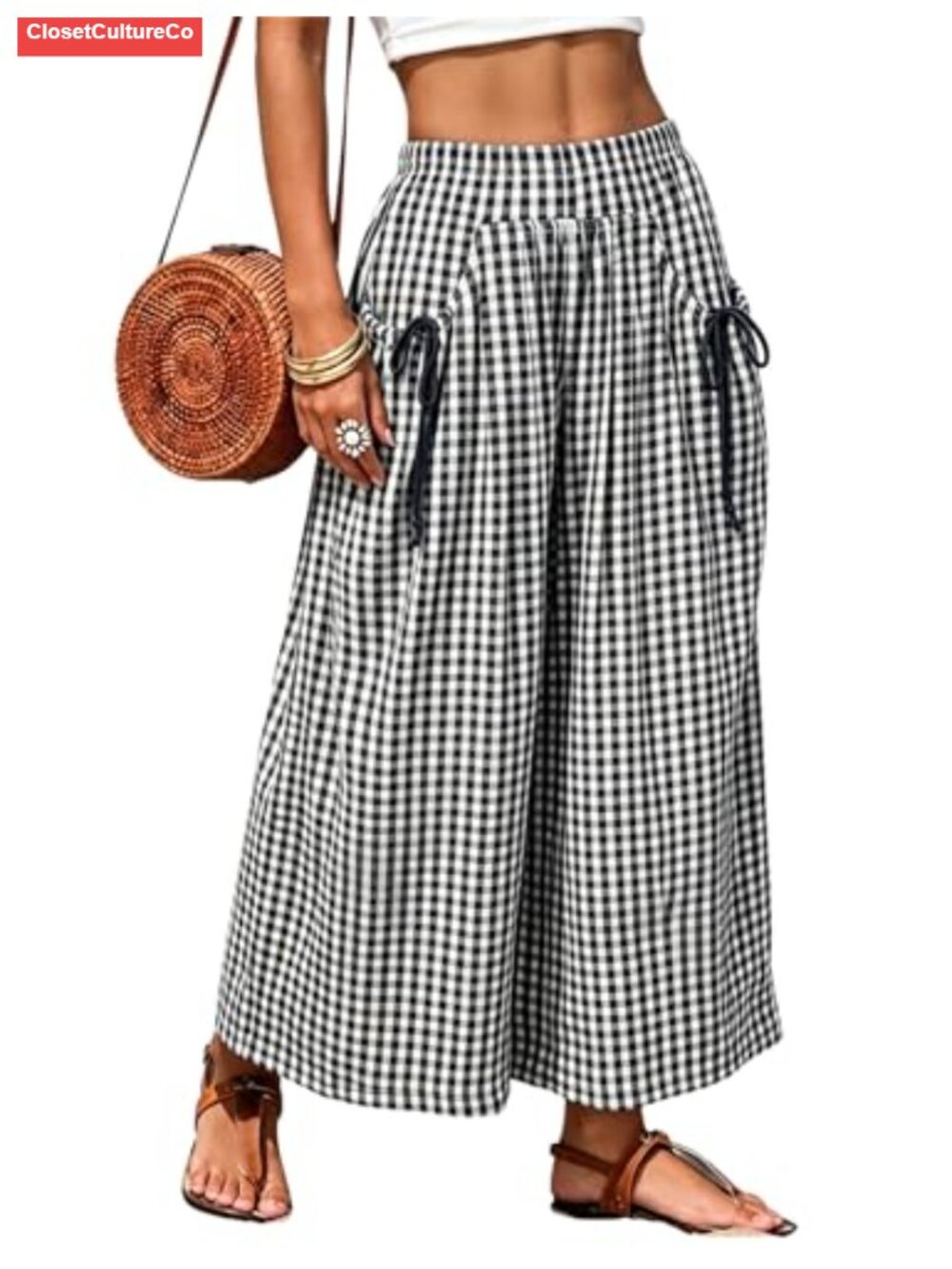 Women's Gingham Wide Leg Palazzo Pants Elastic Waist Pull On Trousers with